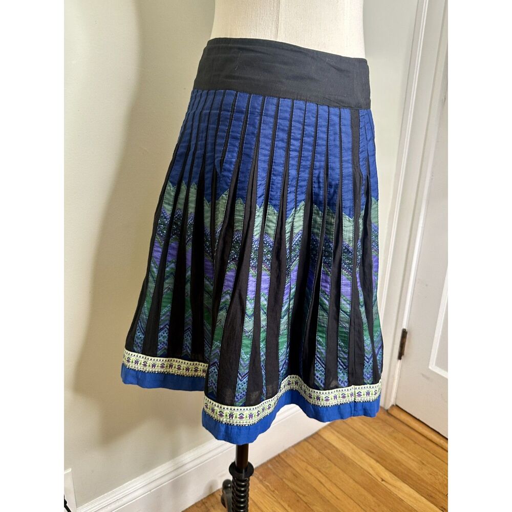 Y2K Lithe Anthropologie Pleated Cotton Silk Trim Skirt Blue Black Boho Size 8